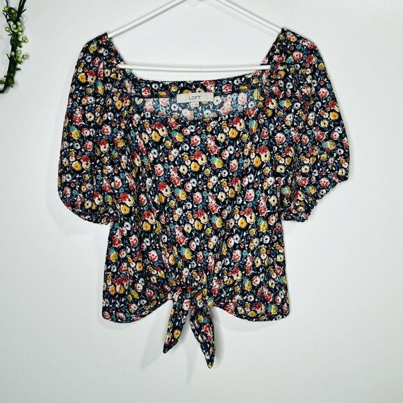 LOFT Floral Blue Blouson Sleeves Elastic Off Shoulder Front Tie NWT! - Picture 1 of 12